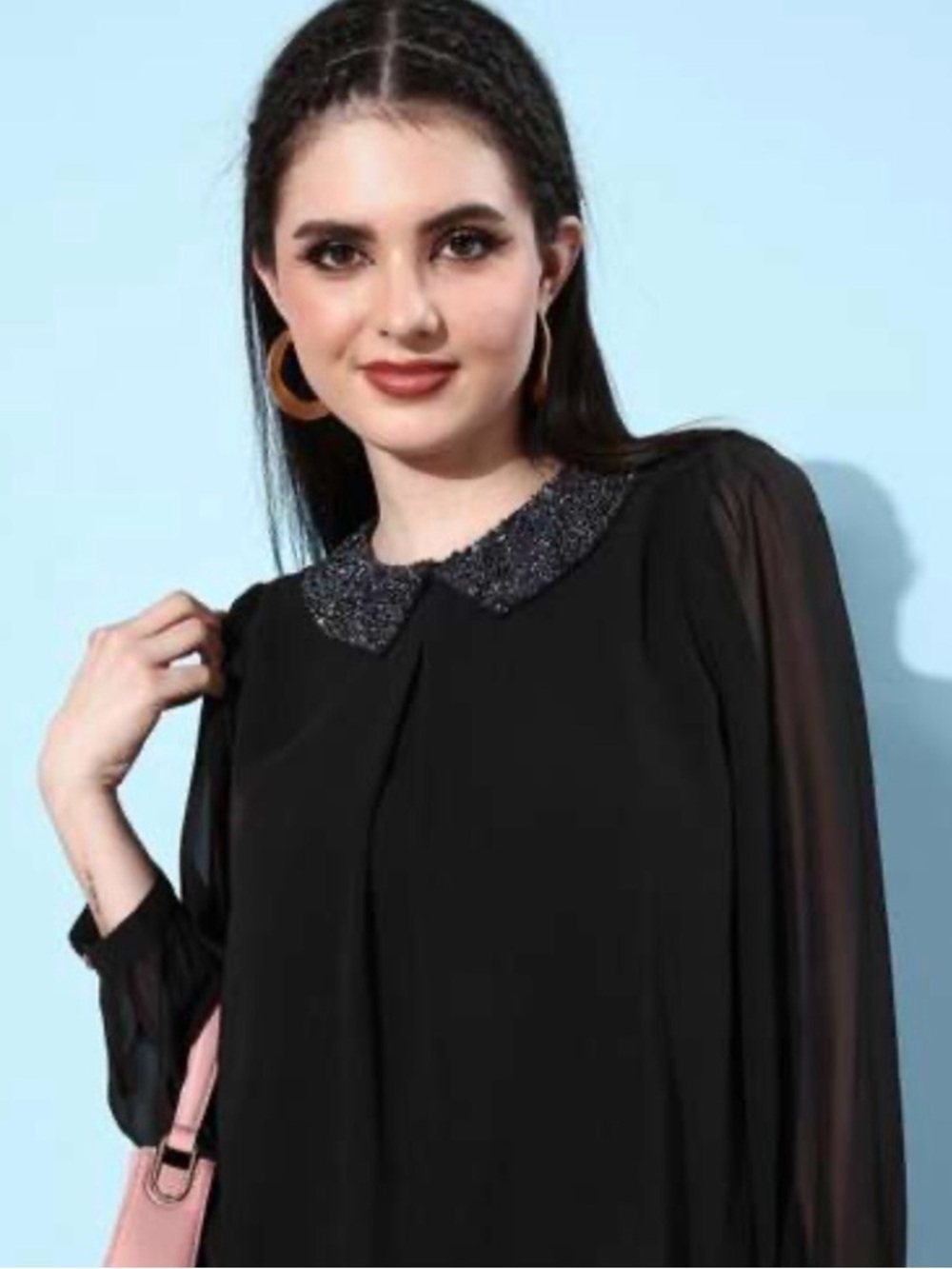 QUIERO Black sequin/beaded collar- long sheer sleeve blouse -sz M -machine wash